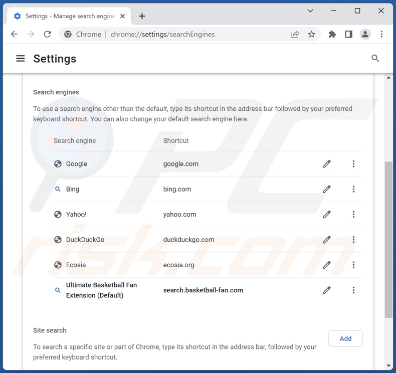 Removing search.basketball-fan.com from Google Chrome default search engine