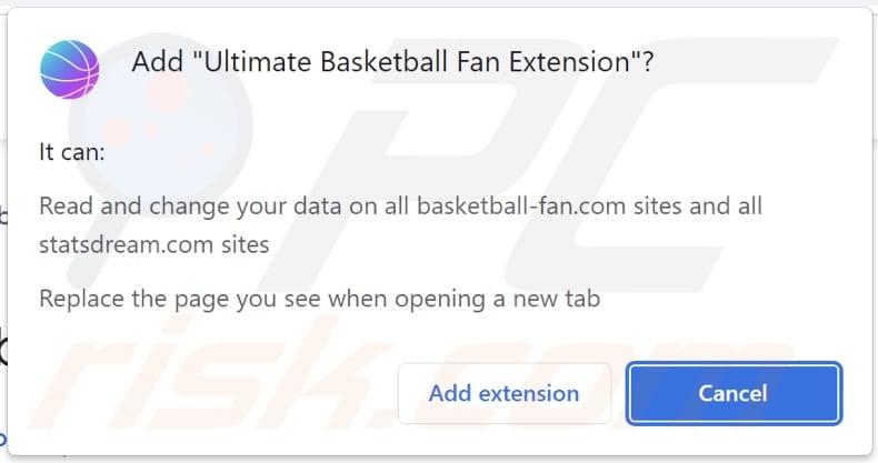 Ultimate Basketball Fan Extension browser hijacker asking for permissions