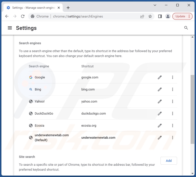 Removing underwaternewtab.com from Google Chrome default search engine