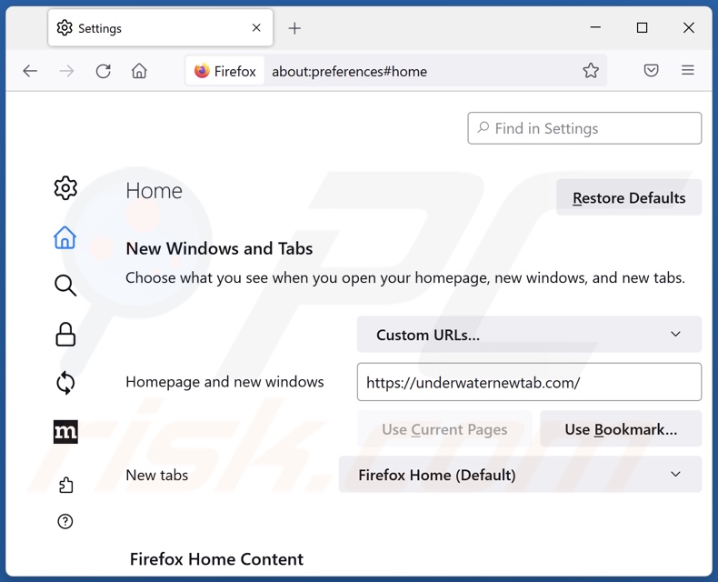 Removing underwaternewtab.com from Mozilla Firefox homepage