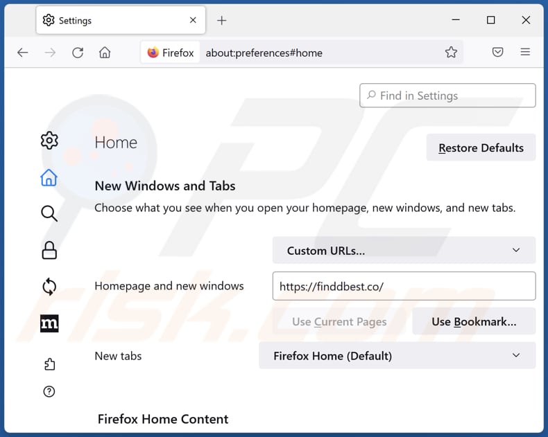 Removing finddbest.co from Mozilla Firefox homepage