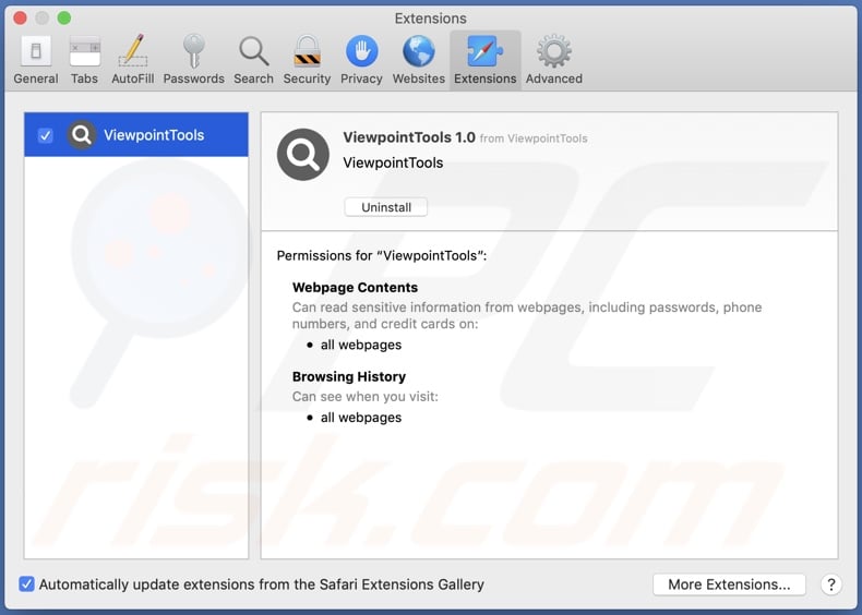 ViewpointTools adware installed on Safari