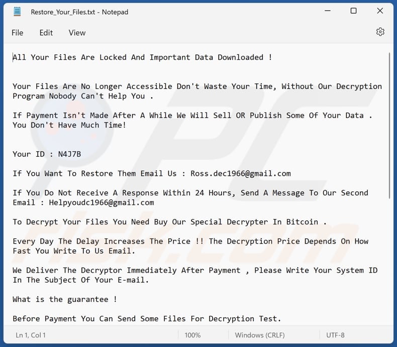 Vypt ransomware ransom note text file (Restore_Your_Files.txt)