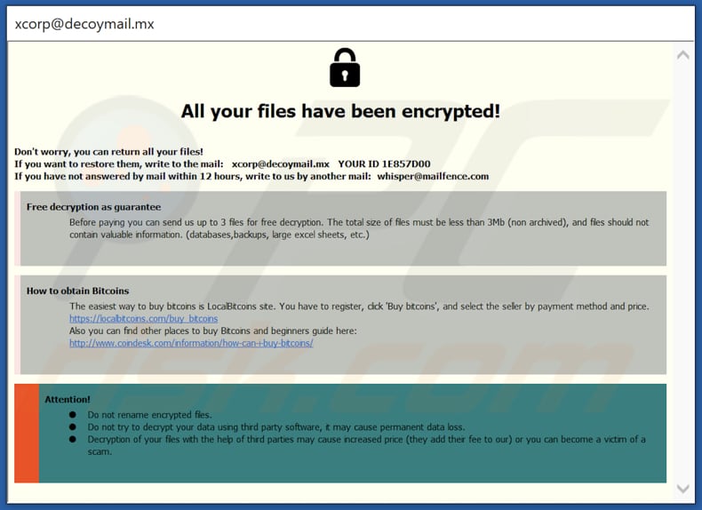 xCor ransomware ransom note in a pop-up window