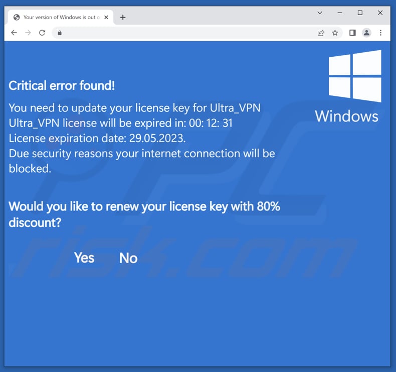 Your version of Windows is out of date pop-up scam second message