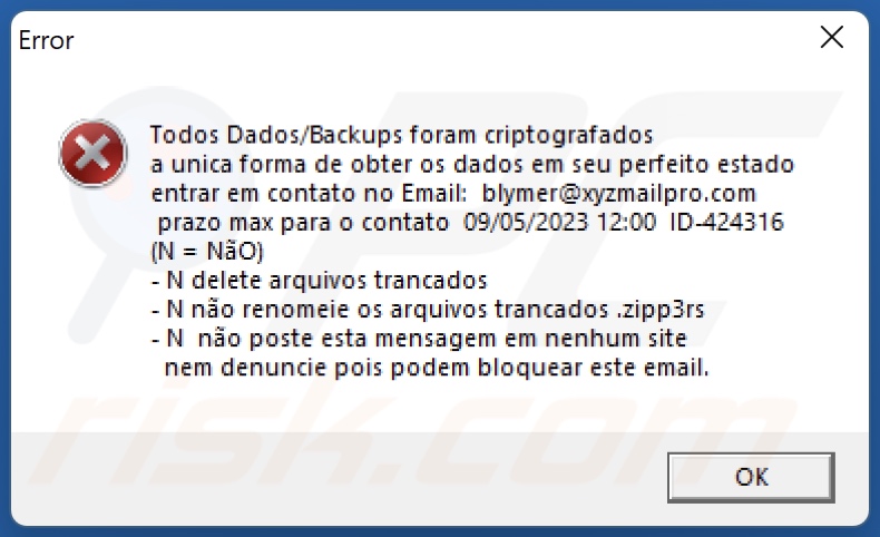 Zipp3rs ransomware ransom note (pop-up)