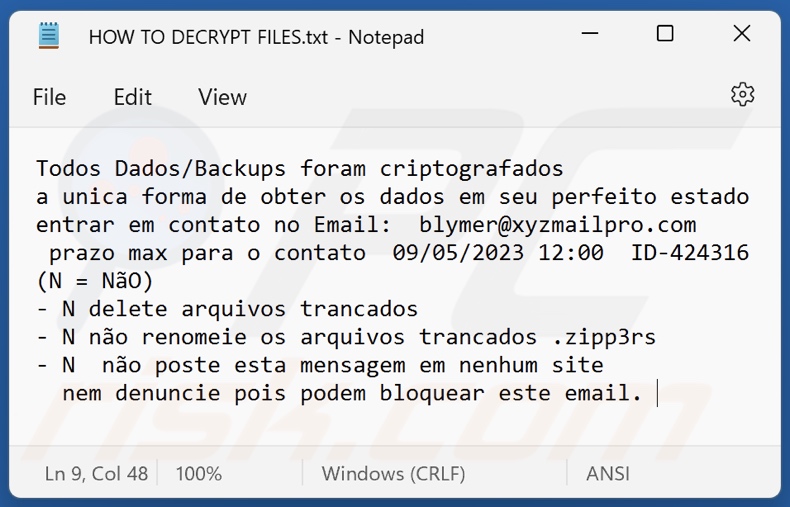 Zipp3rs ransomware text file (HOW TO DECRYPT FILES.txt)