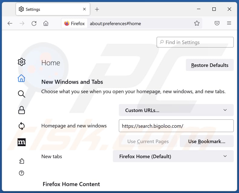 Removing search.bigoloo.com from Mozilla Firefox homepage