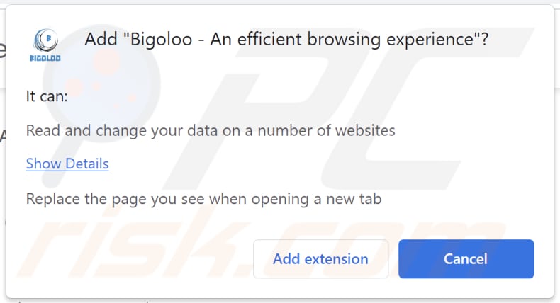 Bigoloo browser hijacker asking for permissions