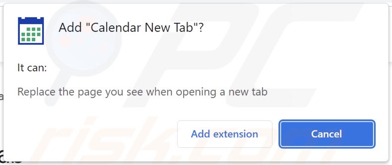 Calendar New Tab browser hijacker asking for permissions