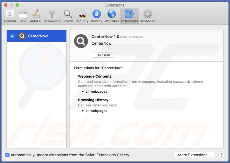 CenterNow adware installed onto Safari