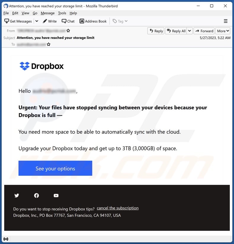 Dropbox Is Full email spam campaign