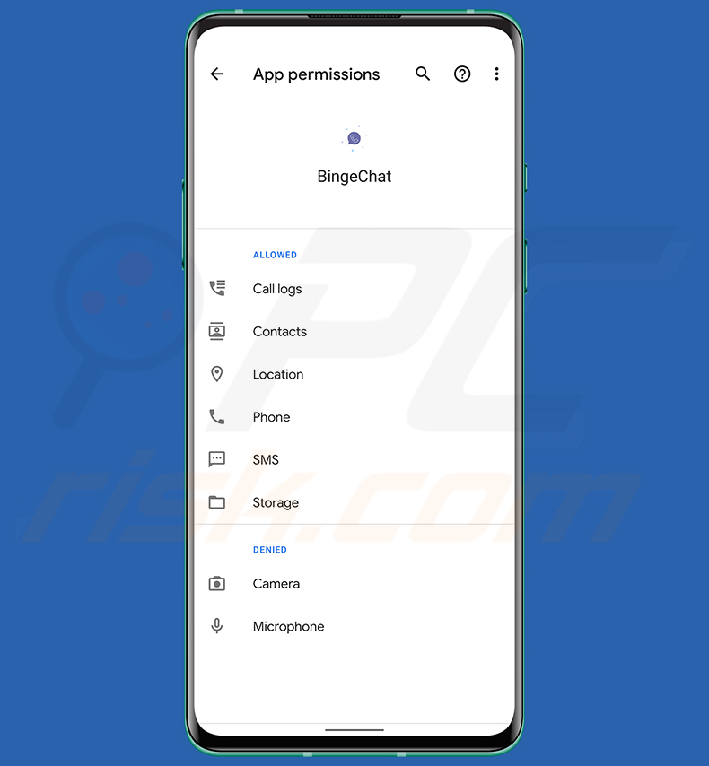 Fake BingeChat application permissions