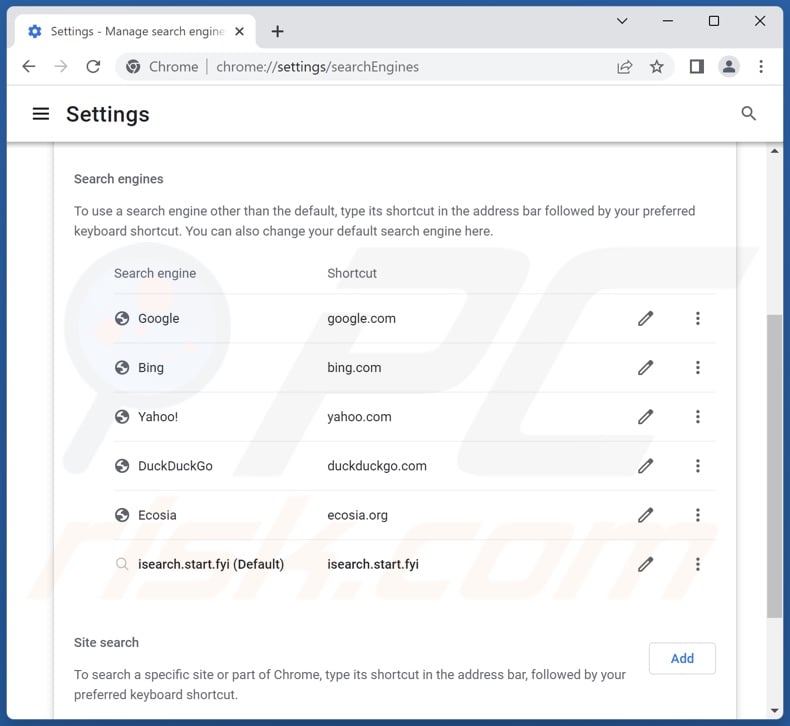 Removing isearch.start.fyi from Google Chrome default search engine