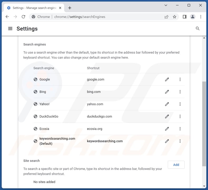 Removing keywordssearching.com from Google Chrome default search engine