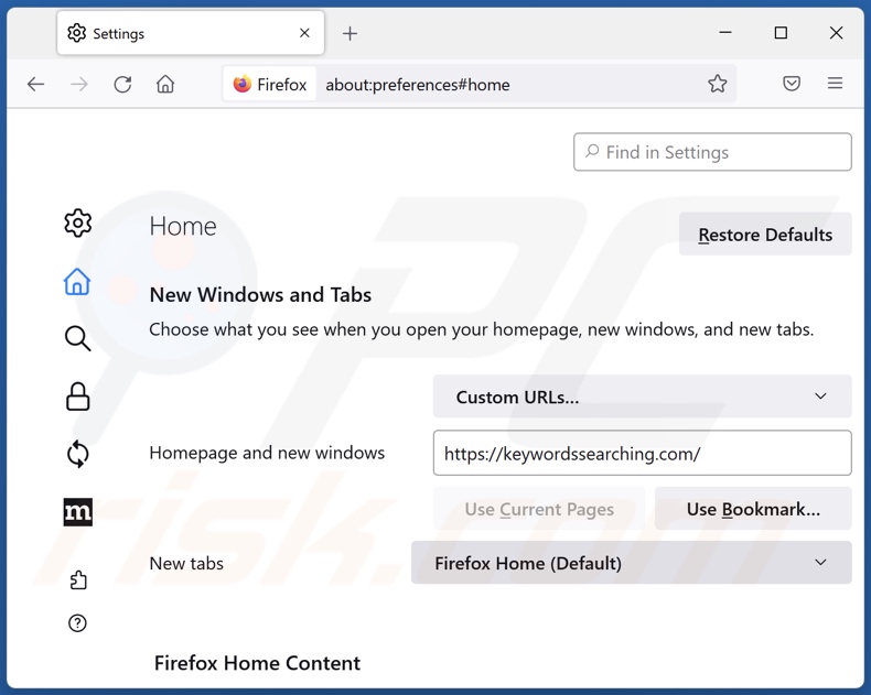 Removing keywordssearching.com from Mozilla Firefox homepage