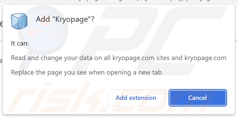 Kryopage browser hijacker asking for permissions