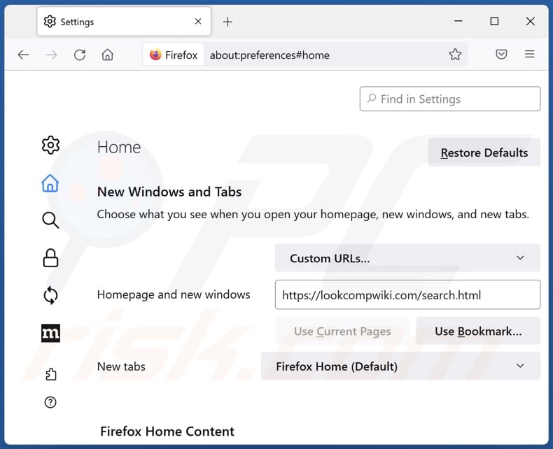 Removing lookcompwiki.com from Mozilla Firefox homepage