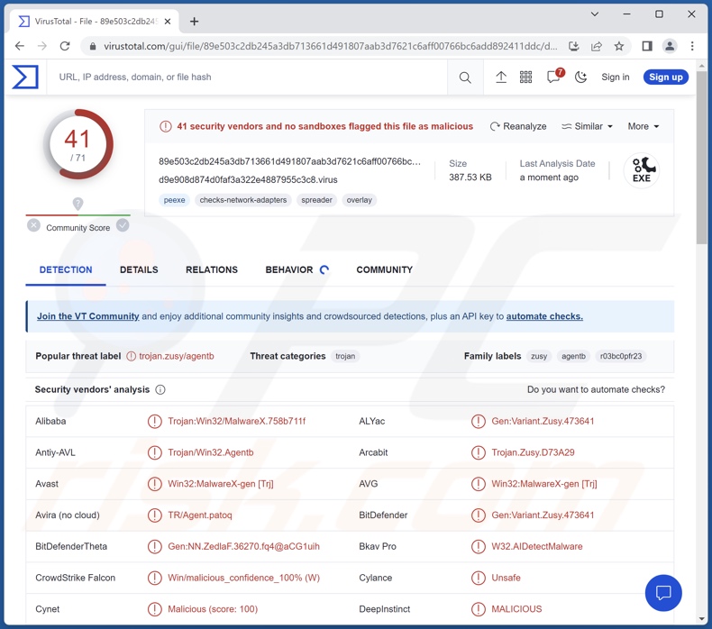 Merdoor malware detections on VirusTotal