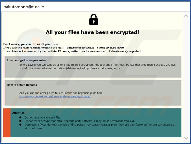 Mono ransomware ransom note in a pop-up window