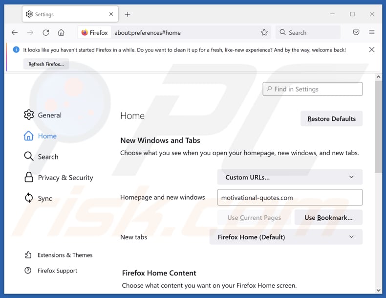 Removing motivational-quotes.com from Mozilla Firefox homepage