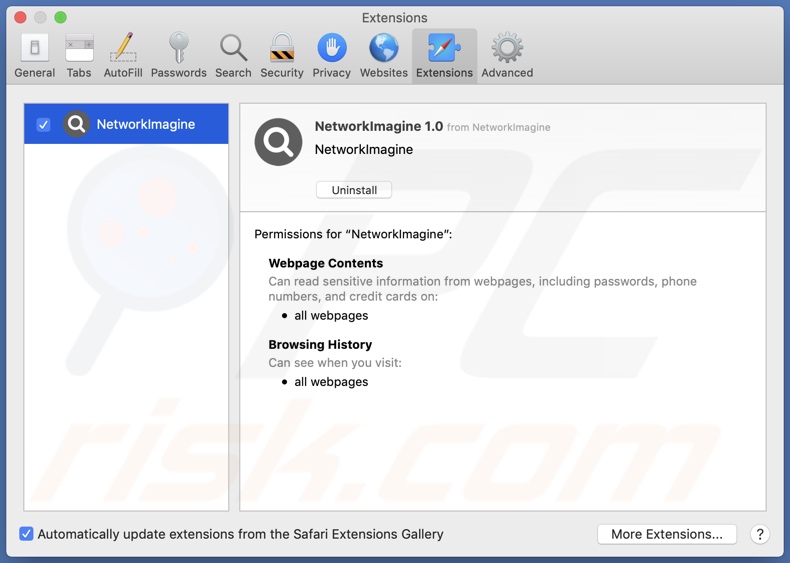 NetworkImagine adware installed on Safari