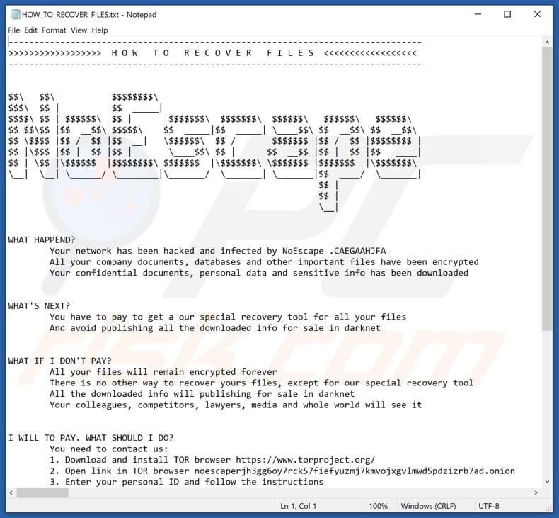 NoEscape ransomware text file (HOW_TO_RECOVER_FILES.txt)