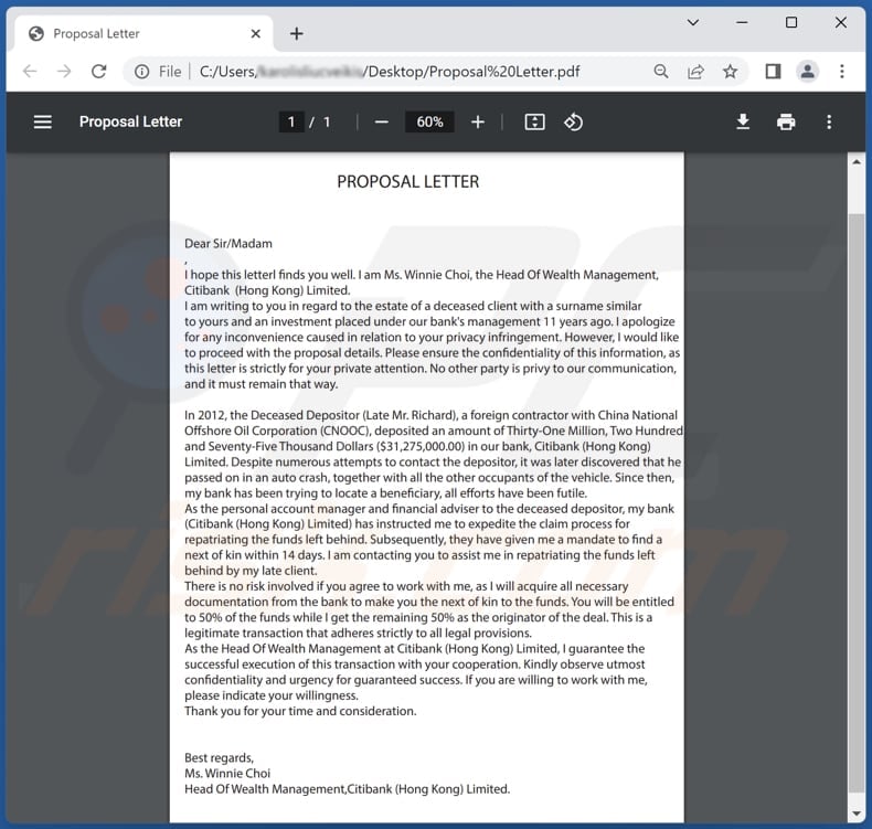 Proposal letter email scam attached fake proposal (Proposal Letter.pdf)