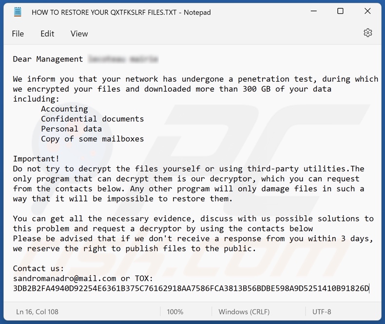Qxtfkslrf ransomware ransom note (HOW TO RESTORE YOUR QXTFKSLRF FILES.TXT)