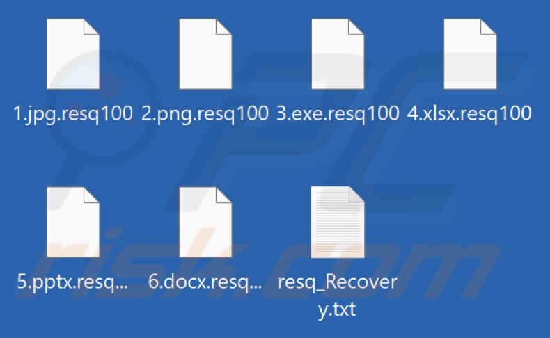 Files encrypted by Resq100 ransomware (.resq100 extension)