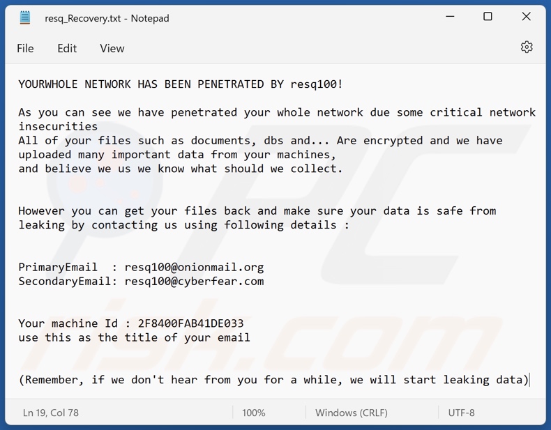 Resq100 ransomware ransom note (resq_Recovery.txt)