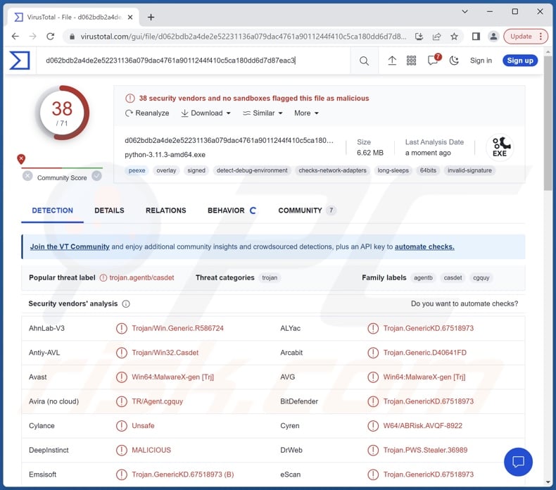 RustyStealer malware detections on VirusTotal