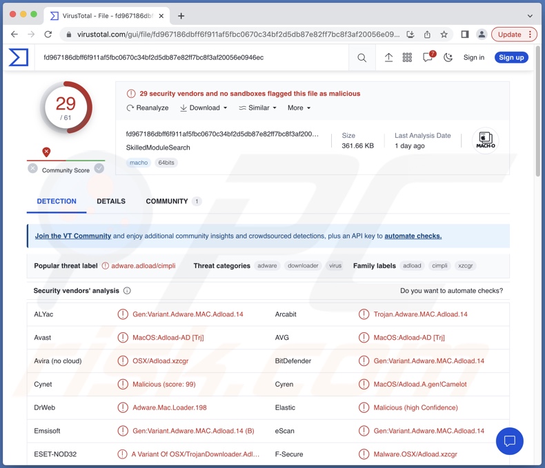 SkilledModuleSearch adware detections on VirusTotal