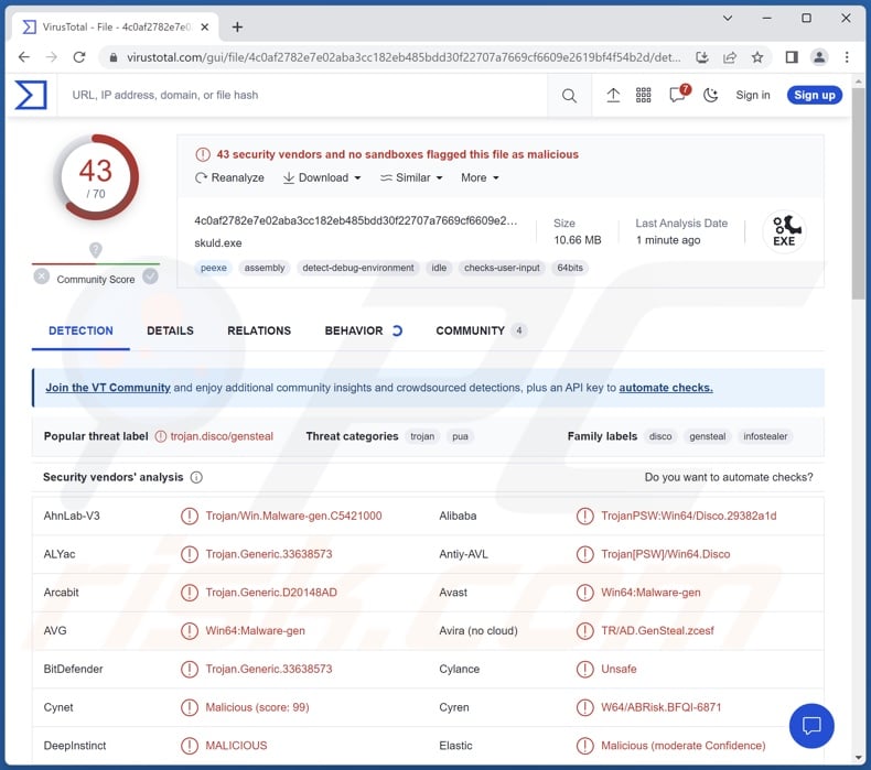 Skuld malware detections on VirusTotal