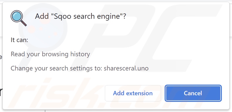 Sqoo search engine browser hijacker asking for permissions