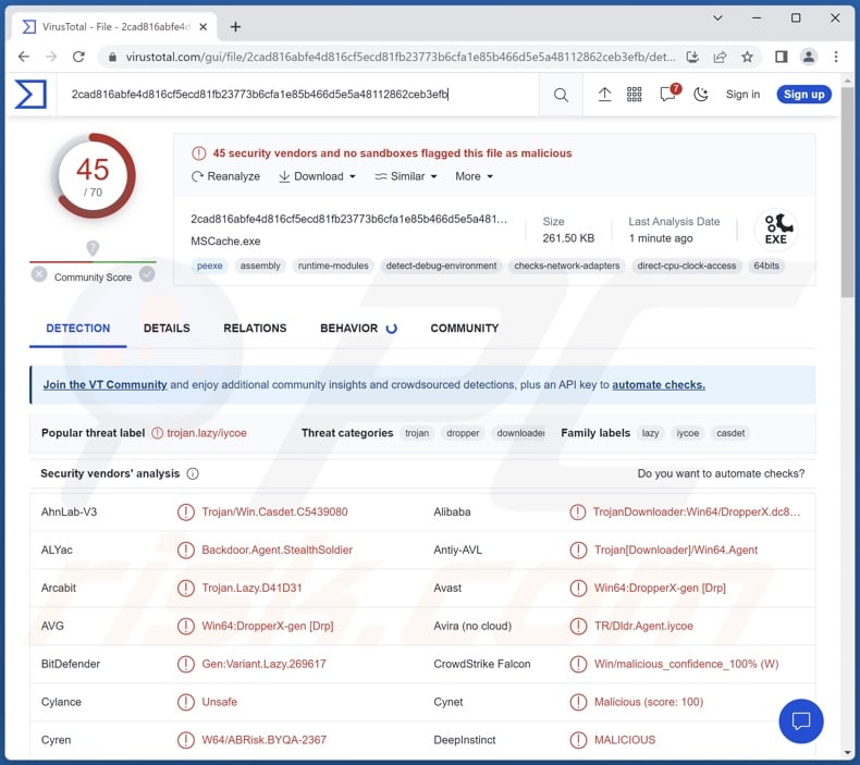 Stealth Soldier malware detections on VirusTotal