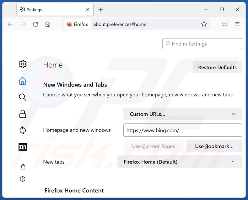Removing bing.com from Mozilla Firefox homepage