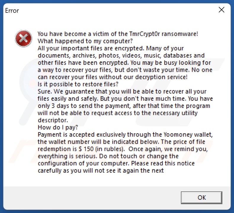 TmrCrypt0r ransomware ransom note (pop-up)