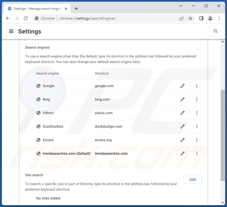 Removing trendysearches.com from Google Chrome default search engine