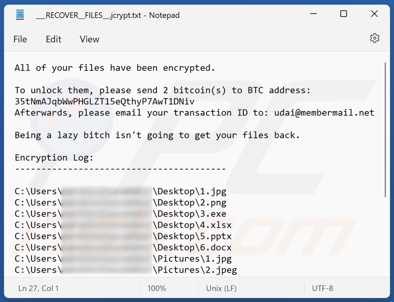 Udaigen ransomware text file (___RECOVER__FILES__.jcrypt.txt)