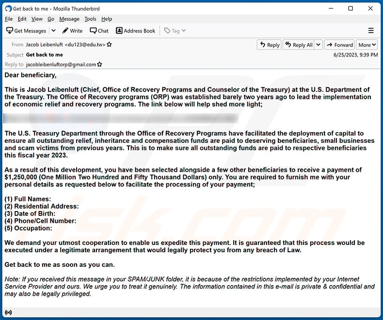 U.S. Department Of Treasury scam email (2023-06-26)