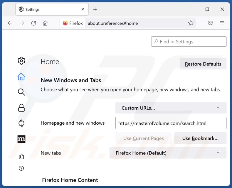 Removing masterofvolume.com from Mozilla Firefox homepage
