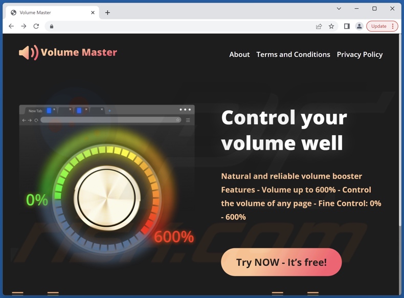 Website used to promote Volume Extra browser hijacker