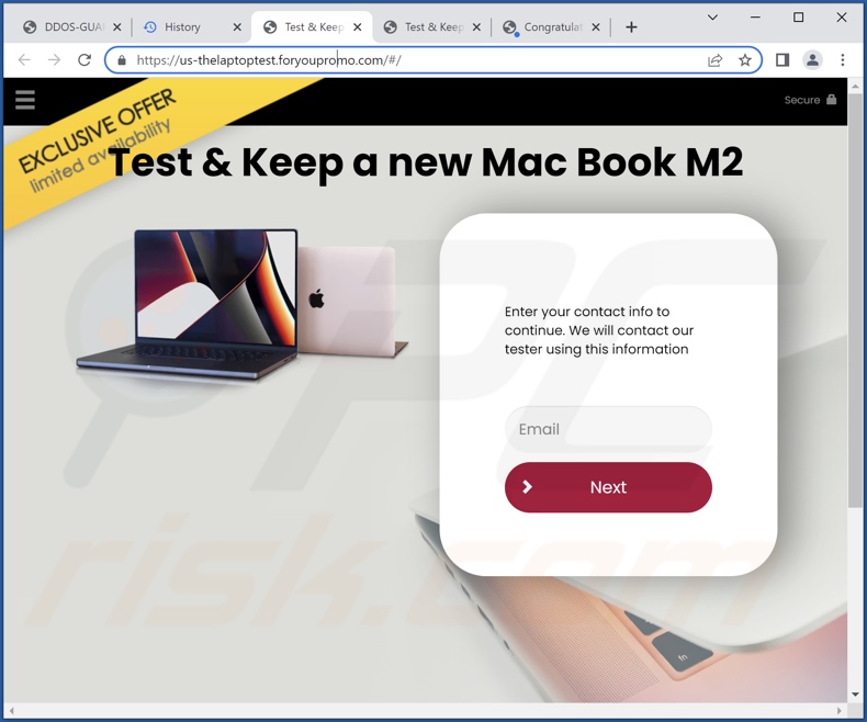 Phishing website promoted by Win Mac Book M2 scam