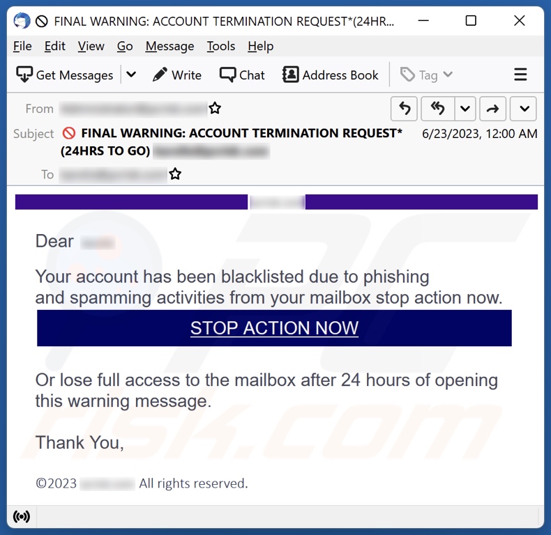 Your Account Has Been Blacklisted Due To Phishing email spam campaign