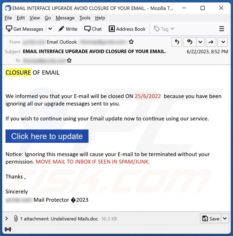 Your E-mail Will Be Closed malspam