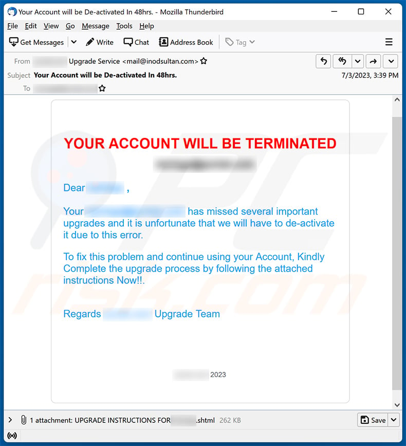 Account Will Be Terminated email scam (2023-07-04)