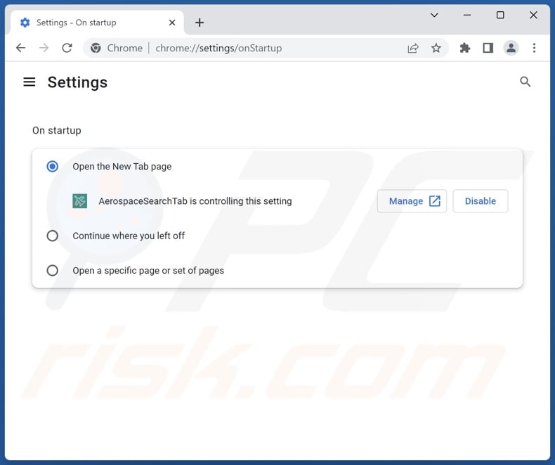 Removing aerospacetab.com from Google Chrome homepage