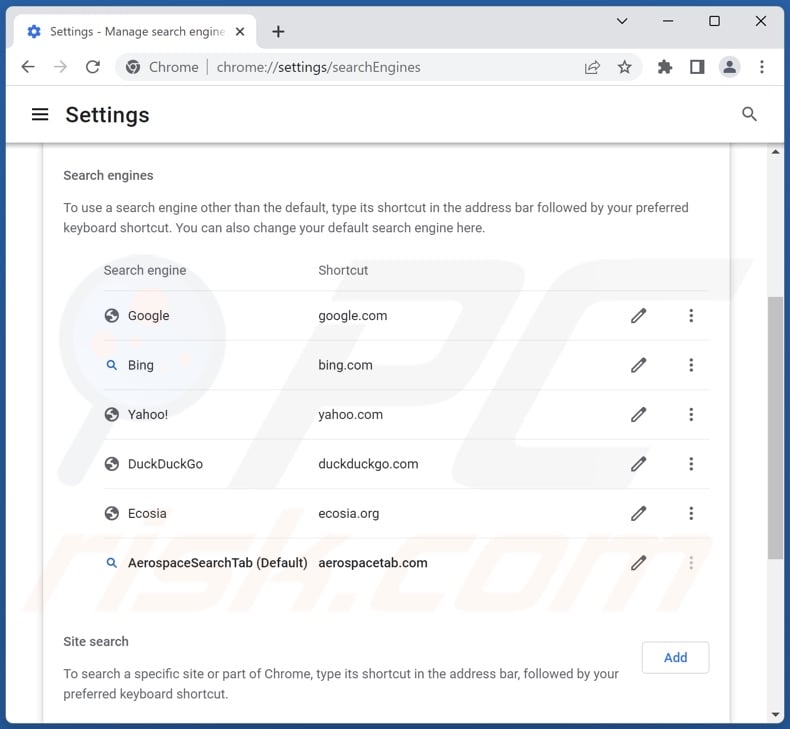 Removing aerospacetab.com from Google Chrome default search engine