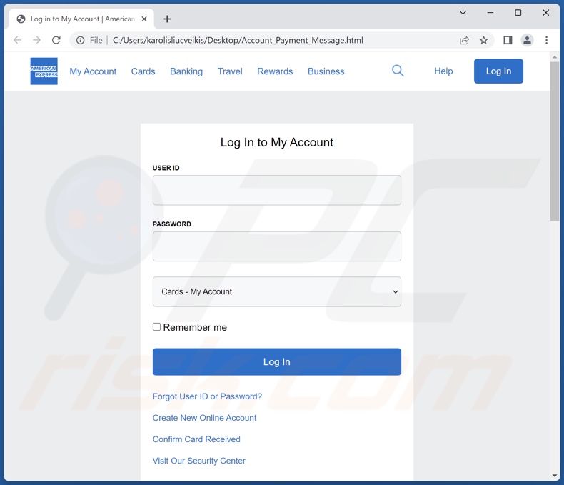 American Express Credit/Refund Adjustment Message scam email promoted phishing file (Account_Payment_Message.html)